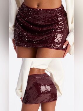 Fashion Nova Burgundy Sequin Mini Skirt